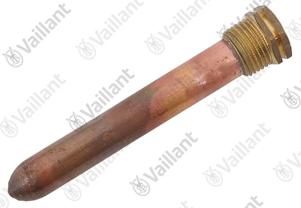 Kupfernes Fühlerrohr mit Gewinde aus Messing, passend für Vaillant-Geräte, mit einer abgerundeten Spitze und schmalem Profil.